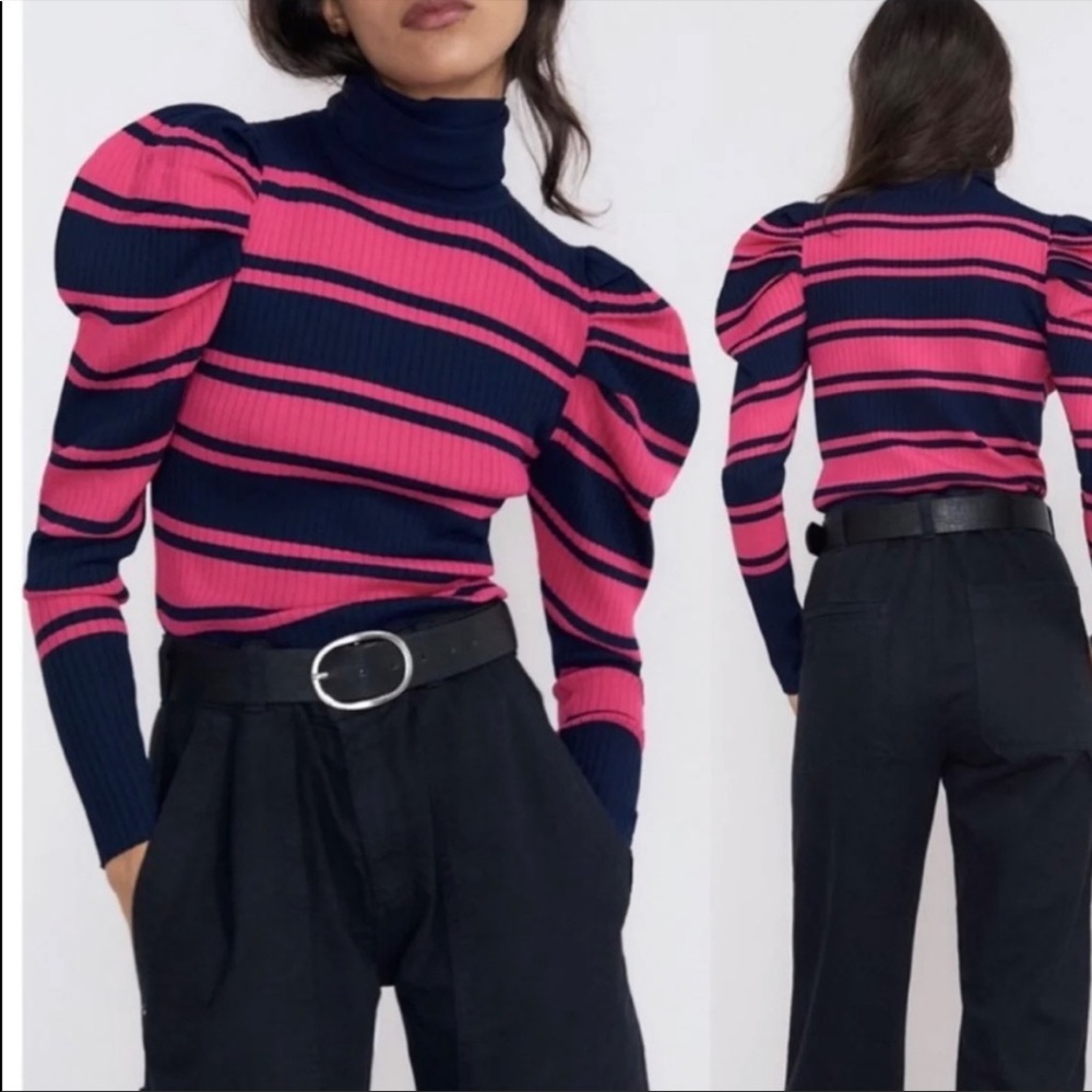 Zara puff sleeve pink navy blue turtleneck top S NWT
